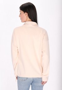 Pullover morbido di un rosa pallido, realizzato in un tessuto leggero, con colletto alto, spalle scese e una vestibilità comoda. Presenta orli laterali regolabili e dettagli a coste.