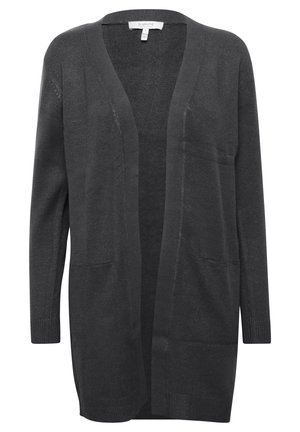 Cardigan gris foncé à ouverture devant, manches longues et deux poches avant. Texture tricot douce avec des poignets et un ourlet côtelés. Sans fermetures.