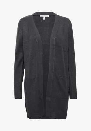 Dunkelgrauer Cardigan mit offenem Vorderteil, langen Ärmeln und zwei vorderen Taschen. Weicher Strickstoff mit gerippten Abschlüssen an den Ärmeln und am Saum. Keine Verschlüsse.