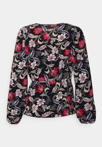 Zwarte bloes met lange pofmouwen, versierd met meerkleurige bloemen en bladeren in rood, paars en blauw, met een geraffineerde taille.