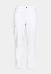 Vita denimbyxor med en klassisk rak benklipp, femfickorsdesign, silverfärgad knappstängning och subtil textur. Inga synliga mönster.