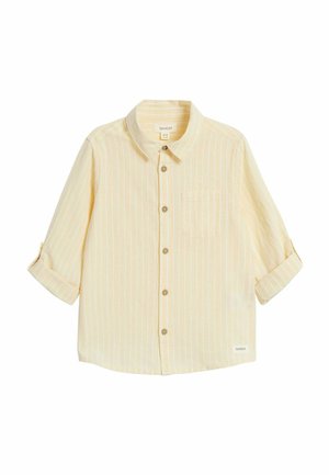 Hellgelbes Langarm-Toddler-Shirt mit weißen vertikalen Streifen, Brusttasche vorne, Knopfverschluss und hochgekrempelten Ärmeln.