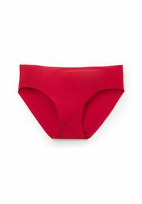 Rode bikini onderkant van een gladde, rekbare stof. Hoogronde ontwerp met een gematigde bedekking en geen zichtbare naden of versieringen.