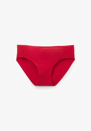 Červené spodky bikin se hladkým, elastickým materiálem. Vysoký pas s mírným pokrytím a žádnými viditelnými švy či ozdobami.