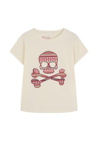 Camiseta de manga corta color crema con un diseño gráfico de una calavera estilizada y huesos cruzados en patrones geométricos rosas y azules.