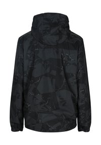 Giacca nera con cappuccio caratterizzata da un motivo geometrico con diverse sfumature di nero e grigio, realizzata in tessuto leggero e dalla texture speciale.