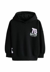 Čierna mikina s kapucňou, s voľným strihom, elastickými manžetami a vyšívaným logom "TB" a "BAKER" na prednej strane.