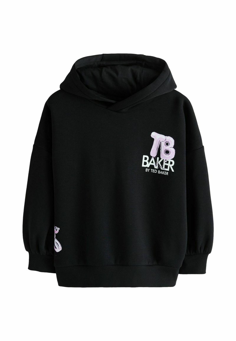 Čierna mikina s kapucňou, s voľným strihom, elastickými manžetami a vyšívaným logom "TB" a "BAKER" na prednej strane.