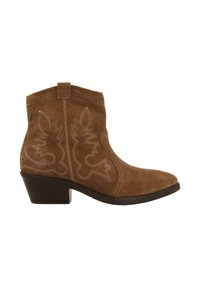 Botas de tobillo de ante marrón con tacón cuadrado, que presentan patrones de hojas bordadas en los laterales y un diseño de punta redonda suave.