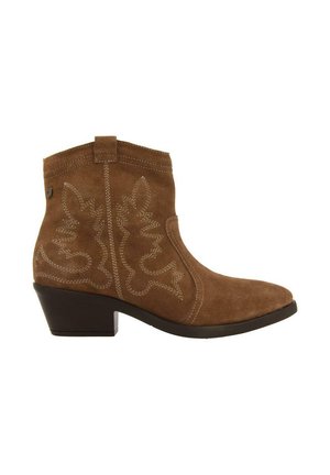 Botas de tobillo de ante marrón con tacón cuadrado, que presentan patrones de hojas bordadas en los laterales y un diseño de punta redonda suave.