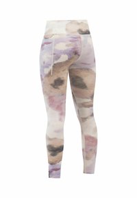 Leggings in a multicolored watercolor pattern featuring soft pastels, high waistband, and smooth, stretchy fabric. Lightweight and form-fitting.