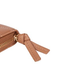 Brown leather wallet with gold zipper, featuring a textured surface and stitched detailing. Zipper pull has two flat leather tabs.