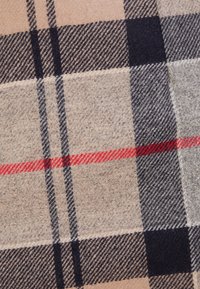Wollen sjaal met een geruit patroon in beige, grijs, donkerblauw en rode accenten, die een zachte textuur en een gelijkmatige kleurverdeling toont.