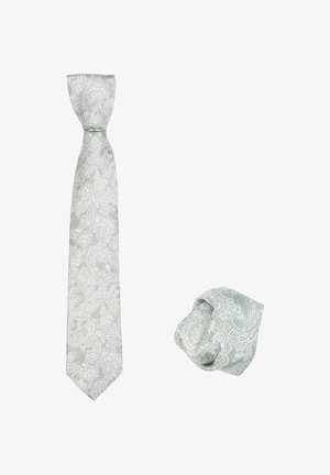 Zilveren paisley stropdas met bijpassende pochet. Beide tonen complexe witte patronen op een gestructureerde achtergrond, wat een samenhangend ontwerp bevordert.