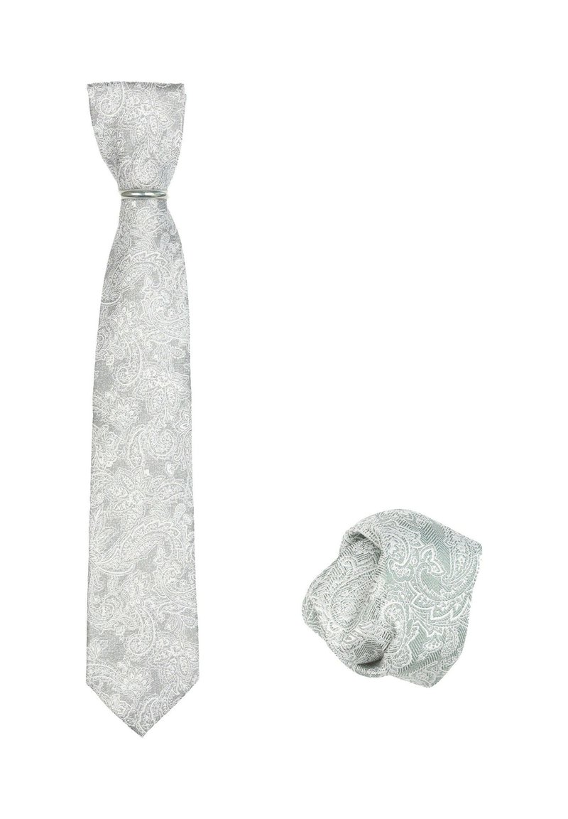 Silberne Paisleymuster-Krawatte und passend dazu ein Taschentuch. Beide weisen komplizierte weiße Muster auf einem strukturierten Hintergrund auf und fördern ein harmonisches Design.