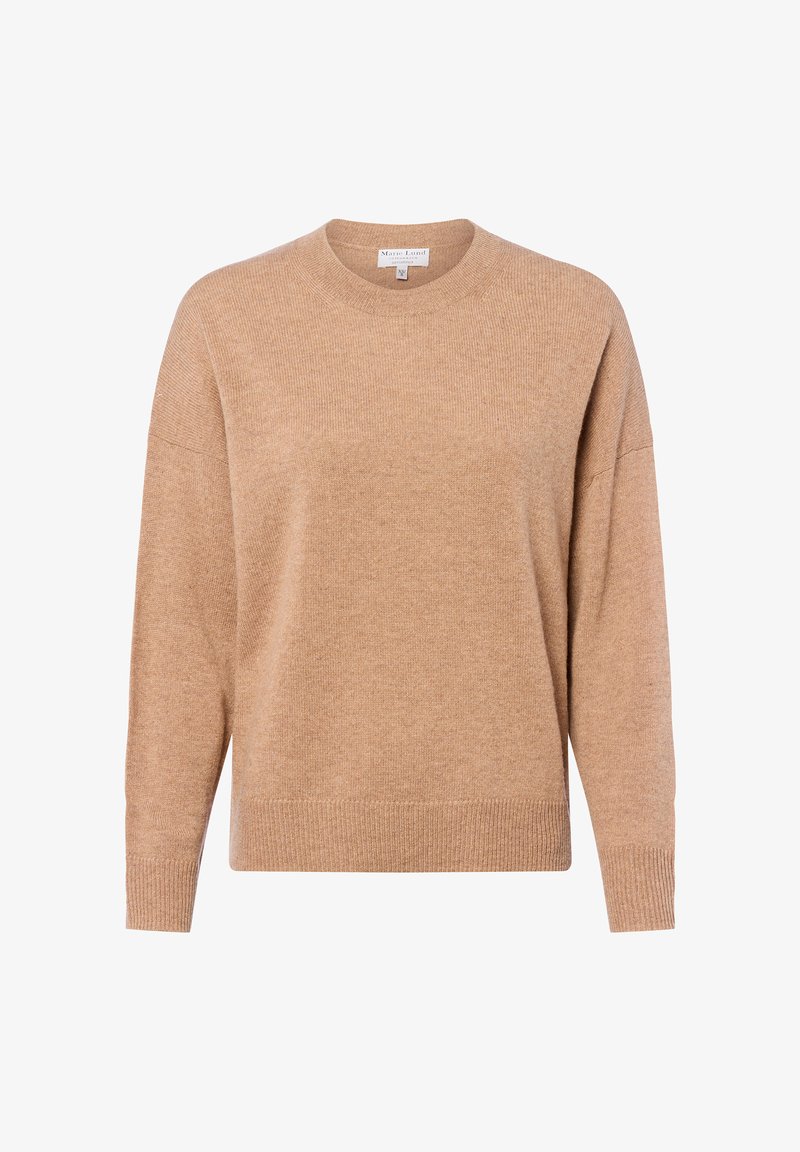 Beige knit sweater with a crew neckline, dropped shoulders, and ribbed cuffs and hem. Soft texture, casual fit, and minimal design.