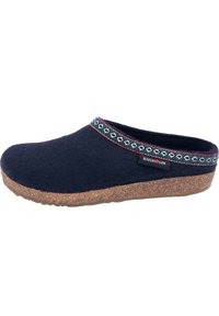 Navy felt slipper with a cork sole, featuring a decorative green and red patterned band at the top, brand label on the side.