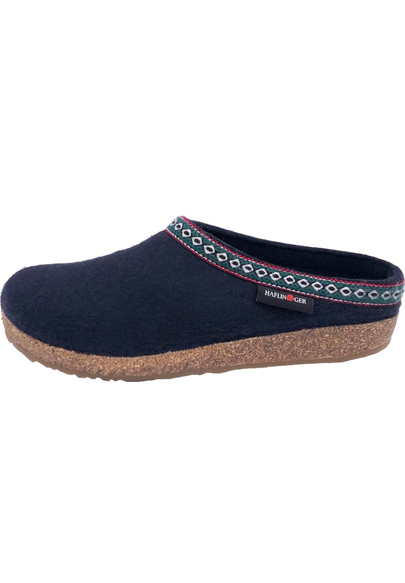 Navy felt slipper with a cork sole, featuring a decorative green and red patterned band at the top, brand label on the side.