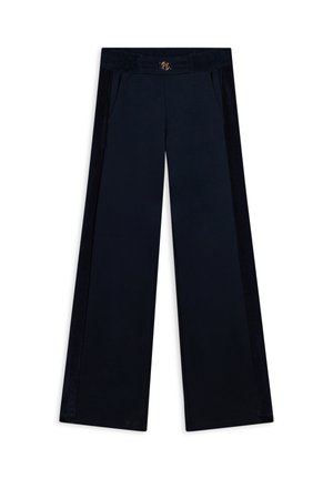 Pantaloni a gamba larga in blu navy, realizzati in un tessuto morbido con un pannello laterale in velluto, tasche frontali e chiusura a cintura dorata.
