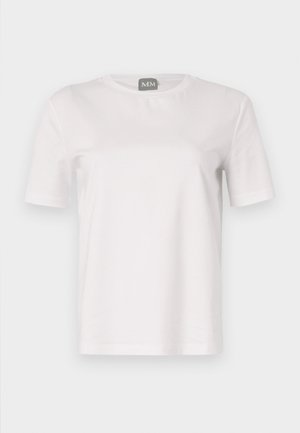 Bílý tričko s krátkým rukávem vyrobené z bavlny. Má kulatý výstřih, jednoduchý design a mírně volný střih. Štítek značky uvnitř límce.