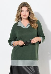 Maglione verde con una camicia con colletto a strisce stratificata sotto. Presenta maniche lunghe e un orlo dritto con una finitura testurizzata.