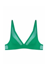 Zielony trójkątny biustonosz braletka wykonany z gładkiego materiału z przezroczystymi panelami po bokach oraz regulowanymi ramiączkami, charakteryzujący się prostym, nowoczesnym wzornictwem.