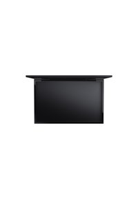 Téléviseur intelligent rectangulaire noir au design plat. La surface avant est élégante et brillante, avec des bordures minimales et une charnière dissimulée à l'arrière.