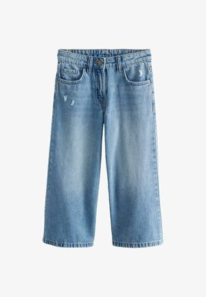Culottes de mezclilla azul claro con una cintura de media altura, detalles ligeramente desgastados, bolsillos frontales y un corte de pierna ancha.