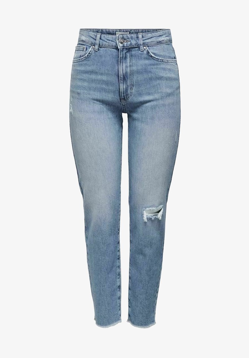 Jeans en denim bleu clair avec une taille haute, une jambe fuselée, des accents déchirés et des ourlets effilochés. Design classique à 5 poches avec fermeture à bouton.
