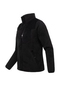 Giacca in pile nera con colletto alto, chiusura con zip e dettagli in corduroy sulle spalle e nelle tasche. Tessuto morbido, maniche lunghe.