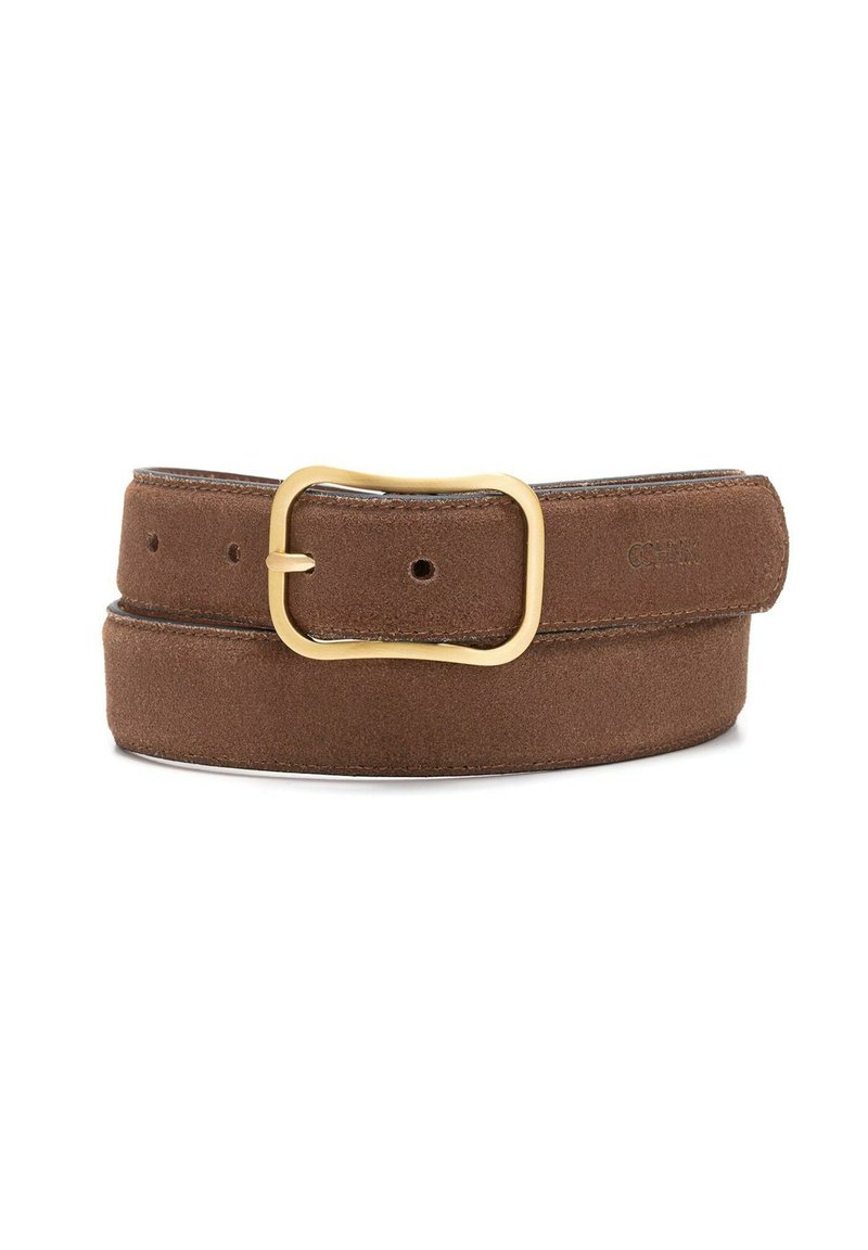 Brązowy skórzany pasek z złotą metalową klamrą, o gładkiej fakturze i wielu otworach do regulacji. Prosty design i klasyczny kolor.
