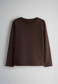Dark brown long-sleeve crew neck shirt displayed flat against a light gray background.
