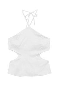 Top bianco a fascia realizzato in tessuto liscio, con un design cut-out sui lati e spalline regolabili con lacci sul retro.