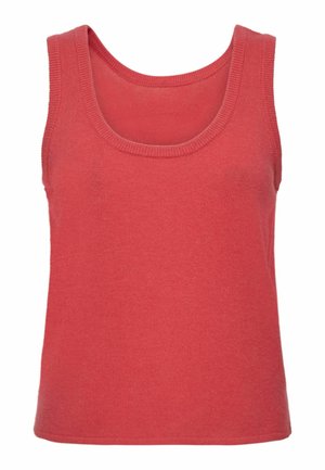 Maiou roșu fără mâneci, realizat din material moale tricotat, cu decolteu rotund și finisat cu un tiv drept în partea de jos.