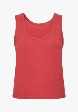 Rdeča brezrokavnik iz mehke pletene tkanine, z okrolim izrezom in ravnim robom na dnu.