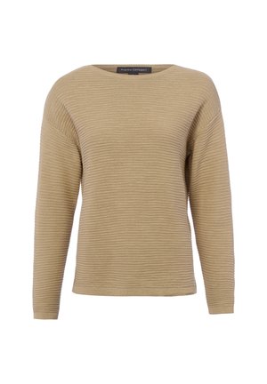 Beige geribbelde gebreide trui met lange mouwen, ronde halslijn en een ontspannen pasvorm.