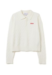 Maglione polo bianco all'uncinetto con orlo e polsini a coste, caratterizzato da un piccolo ricamo rosso "amour" sul lato sinistro.