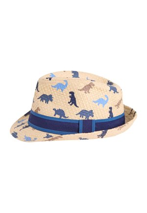 Beige vævet fedora hat med blå og brune dinosaur print og et mørkeblå bånd rundt om bunden.