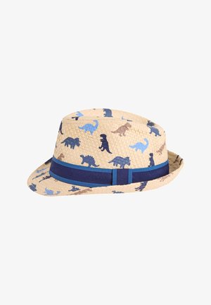 Beige vævet fedora hat med blå og brune dinosaur print og et mørkeblå bånd rundt om bunden.