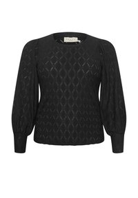 Pull noir à manches longues avec texture à motif losange, manches bouffantes, encolure ronde et poignets ajustés.