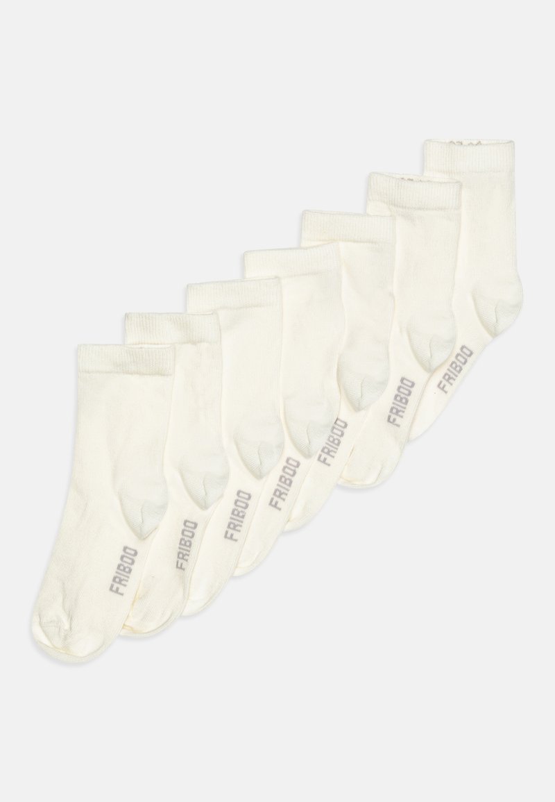 Chaussettes blanches de type crew, en paquet de huit, composées d'un mélange de coton, avec des bords côtelés et une marque imprimée sur le côté. Texture lisse.