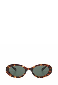  Schildpadvormige zonnebril met ovale lenzen, donkergroene getinte lenzen en dunne, gladde pootjes. Geen zichtbare merkbranding of versieringen.