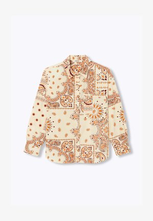 Chemise à manches longues boutonnée avec motifs cachemire et floraux orange, marron et beige sur fond crème.