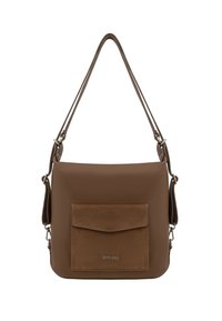 Borsa a spalla in pelle marrone con finitura testerizzata, caratterizzata da una tasca anteriore in suede e una cinta sottile regolabile. Logo del marchio sul davanti.