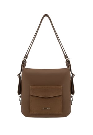 Brown leather shoulder bag with a textured finish, featuring a front suede pocket and a slim adjustable strap. Brand logo on the front.