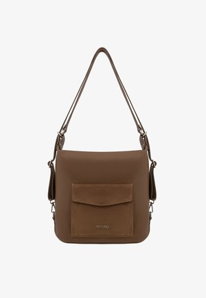 Geantă de umăr din piele maro, cu o finisare texturată, având un buzunar frontal din suede și o curea subțire, ajustabilă. Logo-ul brandului este pe față.
