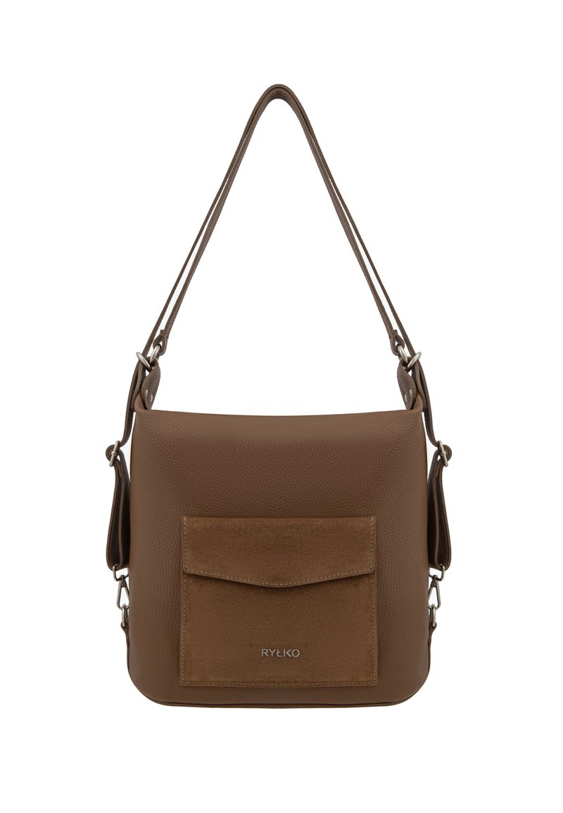 Borsa a spalla in pelle marrone con finitura testerizzata, caratterizzata da una tasca anteriore in suede e una cinta sottile regolabile. Logo del marchio sul davanti.