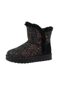 Schwarze Ankle Boots mit einer strukturierten Glitzer-Oberfläche, Kunstfellbesatz und einer flachen Gummisohle, ausgestattet mit einer runden Zehenform und einem kurzen Schaft.