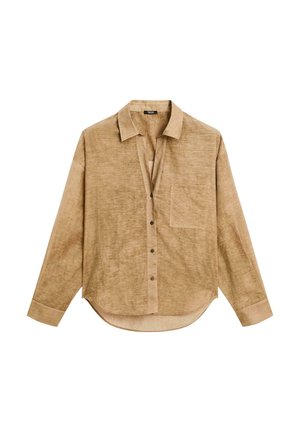 Lichtbruine blouse met lange mouwen en een kraag, voorzak, knoopsluiting en een licht afgeronde zoom. Geweven stof met een zachte afwerking.