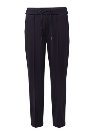 Pantaloni elasticizzati blu navy con vita regolabile con coulisse, dettagli in metallo color oro, due tasche laterali e piatti frontali per un fit rilassato.